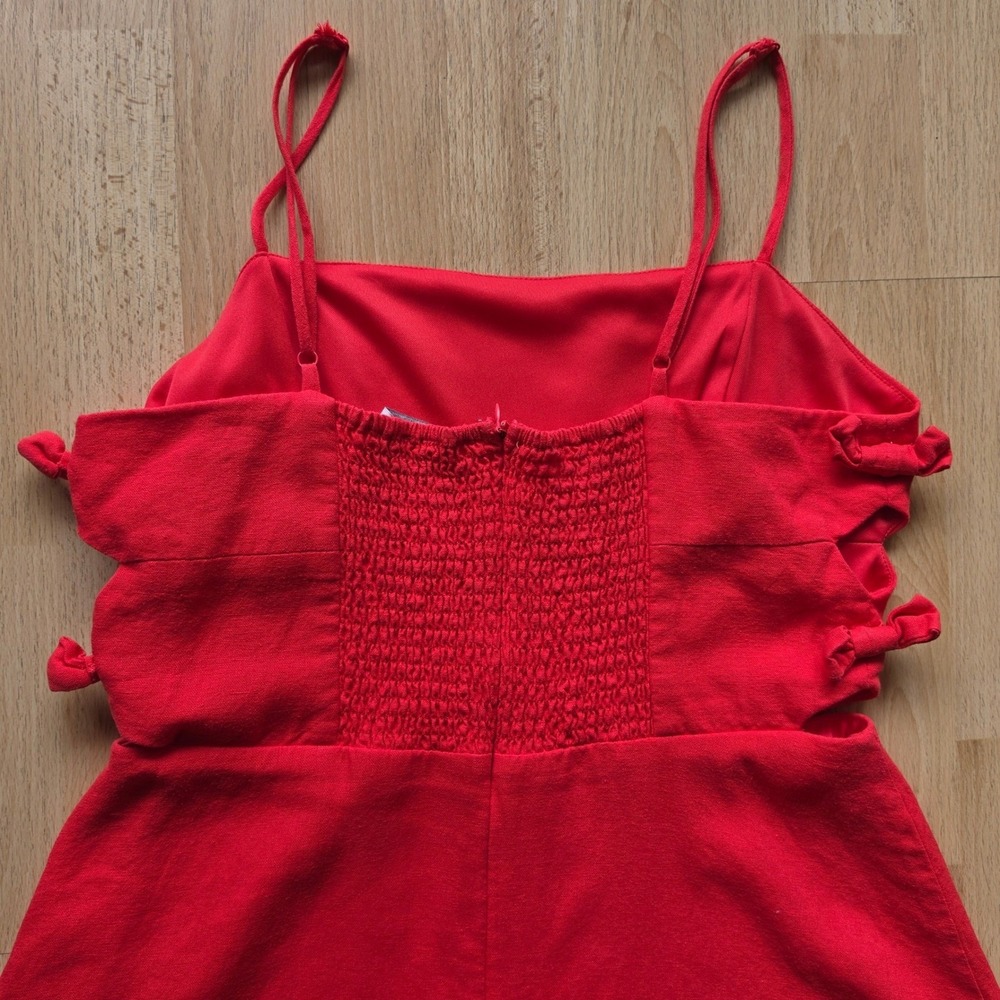 WAYF Red Linen Blend Side Cutout Midi Dress Womens Large Smocked Back Summer - Picture 4 of 11